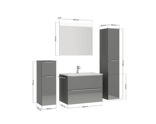 Badezimmermöbelset mit Waschtisch, Spiegelschrank und zwei Hochschränken mit Maßangaben