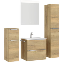 Badmöbel-Set NOBILIA Programm 1 BxHxT 140 x 169,1 x 48,7 cm Frontfarbe eiche natur mit Möbel-Waschtisch weiß und Spiegel mit LED-Beleuchtung Midischrank Unterschrank Griffleiste chrom matt 031