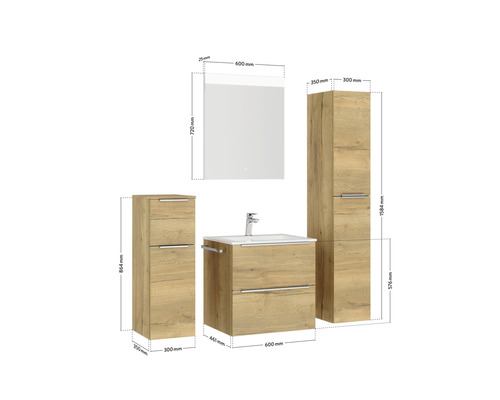 Abbildung eines Badezimmersets mit Waschtischunterschrank, Waschbecken, Spiegelschrank und zwei Hochschränken mit Maßangaben