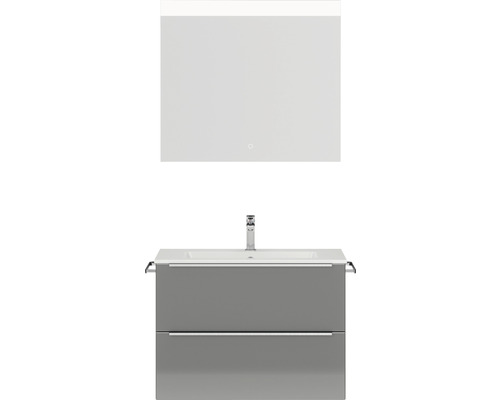 Badmöbel-Set NOBILIA Programm 1 BxHxT 81 x 169,1 x 48,7 cm Frontfarbe grau hochglanz mit Möbel-Waschtisch weiß und Spiegel mit LED-Beleuchtung Griffleiste chrom matt 052