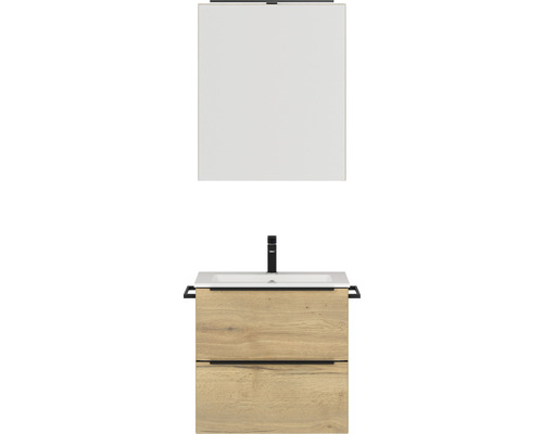 Badmöbel-Set NOBILIA Programm 1 BxHxT 61 x 169,1 x 48,7 cm Frontfarbe eiche natur mit Möbel-Waschtisch und Spiegelschrank 1-türig mit LED-Beleuchtung Griffleiste schwarz 024