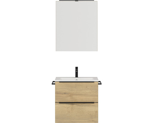 Badmöbel-Set NOBILIA Programm 1 BxHxT 61 x 169,1 x 48,7 cm Frontfarbe eiche natur mit Möbel-Waschtisch und Spiegelschrank 1-türig mit LED-Beleuchtung Griffleiste schwarz 024 Badezimmer-Set mit Waschtischunterschrank, Waschbecken und Spiegel