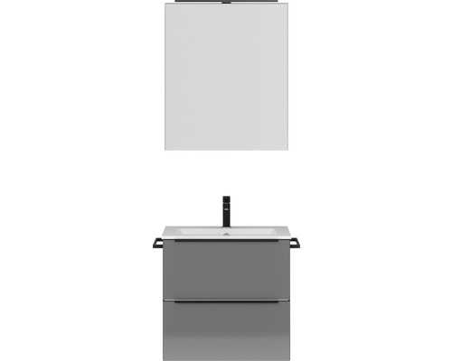 Badmöbel-Set NOBILIA Programm 1 BxHxT 61 x 169,1 x 48,7 cm Frontfarbe grau hochglanz mit Möbel-Waschtisch und Spiegelschrank 1-türig mit LED-Beleuchtung Griffleiste schwarz 022 Badezimmerset mit Waschtischunterschrank, Waschbecken und Spiegel