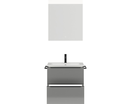 Badmöbel-Set NOBILIA Programm 1 BxHxT 61 x 169,1 x 48,7 cm Frontfarbe grau hochglanz mit Möbel-Waschtisch weiß und Spiegel mit LED-Beleuchtung Griffleiste schwarz 014