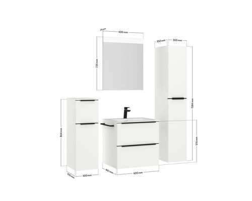 Badezimmer Möbelset mit Waschtisch, Spiegelschrank und Hochschrank mit Maßangaben