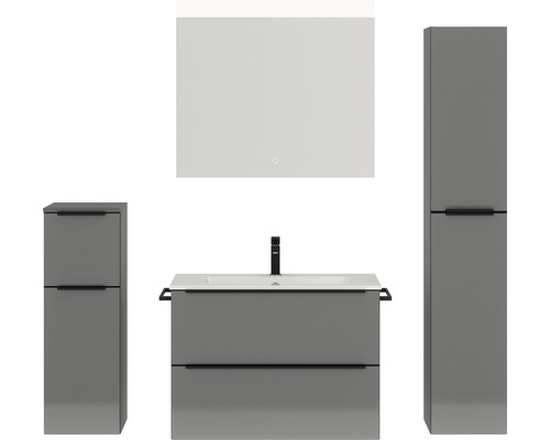 Badmöbel-Set NOBILIA Programm 1 BxHxT 160 x 169,1 x 48,7 cm Frontfarbe grau hochglanz mit Möbel-Waschtisch weiß und Spiegel mit LED-Beleuchtung Midischrank Unterschrank Griffleiste schwarz 069