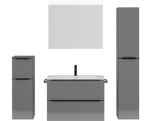 Badmöbel-Set NOBILIA Programm 1 BxHxT 160 x 169,1 x 48,7 cm Frontfarbe grau hochglanz mit Möbel-Waschtisch weiß und Spiegel mit LED-Beleuchtung Midischrank Unterschrank Griffleiste schwarz 069 Graue Badezimmereinrichtung mit Waschtisch, Spiegel und Hochschränken