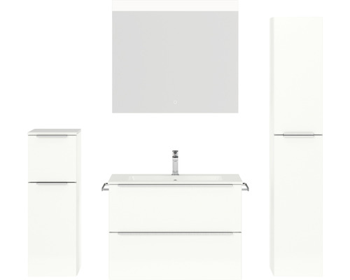 Badmöbel-Set NOBILIA Programm 1 BxHxT 160 x 169,1 x 48,7 cm Frontfarbe weiß hochglanz mit Möbel-Waschtisch weiß und Spiegel mit LED-Beleuchtung Midischrank Unterschrank Griffleiste chrom matt 066