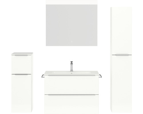 Badmöbel-Set NOBILIA Programm 1 BxHxT 160 x 169,1 x 48,7 cm Frontfarbe weiß hochglanz mit Möbel-Waschtisch weiß und Spiegel mit LED-Beleuchtung Midischrank Unterschrank Griffleiste chrom matt 066 Badezimmerensemble mit Waschtisch, Spiegelschrank und Hochschränken