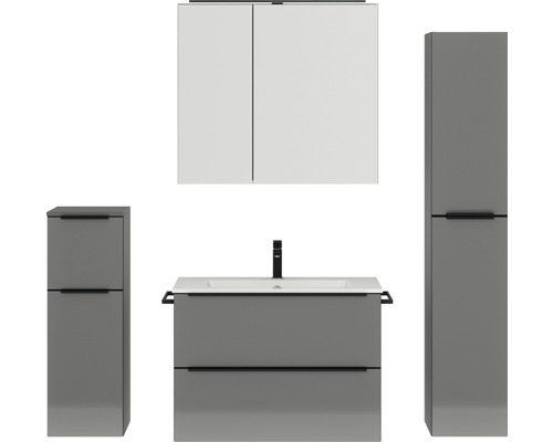 Badmöbel-Set NOBILIA Programm 1 BxHxT 160 x 169,1 x 48,7 cm Frontfarbe grau hochglanz mit Möbel-Waschtisch und Spiegelschrank 2-türig mit LED-Beleuchtung Unterschrank Midischrank Griffleiste schwarz 077 Badezimmer-Set mit Waschtischunterschrank, Waschbecken, Spiegelschrank und zwei Hochschränken