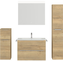 Badmöbel-Set NOBILIA Programm 1 BxHxT 160 x 169,1 x 48,7 cm Frontfarbe eiche natur mit Möbel-Waschtisch weiß und Spiegel mit LED-Beleuchtung Midischrank Unterschrank Griffleiste chrom matt 070