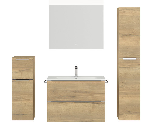 Badmöbel-Set NOBILIA Programm 1 BxHxT 160 x 169,1 x 48,7 cm Frontfarbe eiche natur mit Möbel-Waschtisch weiß und Spiegel mit LED-Beleuchtung Midischrank Unterschrank Griffleiste chrom matt 070 Badezimmergarnitur mit Waschtisch, Spiegel und Hochschrank