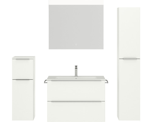 Badmöbel-Set NOBILIA Programm 1 BxHxT 160 x 169,1 x 48,7 cm Frontfarbe weiß matt mit Möbel-Waschtisch weiß und Spiegel mit LED-Beleuchtung Midischrank Unterschrank Griffleiste chrom matt 064