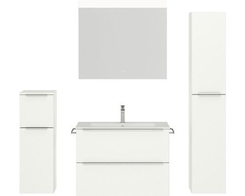 Badmöbel-Set NOBILIA Programm 1 BxHxT 160 x 169,1 x 48,7 cm Frontfarbe weiß matt mit Möbel-Waschtisch weiß und Spiegel mit LED-Beleuchtung Midischrank Unterschrank Griffleiste chrom matt 064 Badezimmerensemble mit Waschtischunterschrank, Waschbecken, Spiegelschrank und Hochschrank