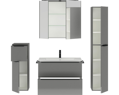 Badezimmermöbelset mit Waschtisch, Waschbecken, Spiegelschrank, Hochschrank und Seitenschrank
