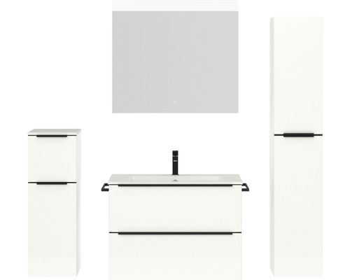 Badmöbel-Set NOBILIA Programm 1 BxHxT 160 x 169,1 x 48,7 cm Frontfarbe weiß hochglanz mit Möbel-Waschtisch weiß und Spiegel mit LED-Beleuchtung Midischrank Unterschrank Griffleiste schwarz 067