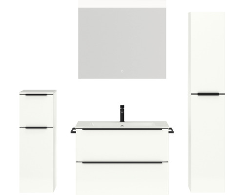 Badmöbel-Set NOBILIA Programm 1 BxHxT 160 x 169,1 x 48,7 cm Frontfarbe weiß hochglanz mit Möbel-Waschtisch weiß und Spiegel mit LED-Beleuchtung Midischrank Unterschrank Griffleiste schwarz 067 Badezimmermöbelset mit Waschtischunterschrank, Spiegelschrank und Hochschrank