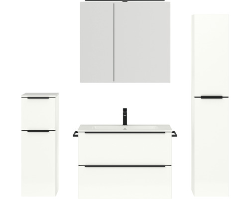 Badmöbel-Set NOBILIA Programm 1 BxHxT 160 x 169,1 x 48,7 cm Frontfarbe weiß hochglanz mit Möbel-Waschtisch und Spiegelschrank 2-türig mit LED-Beleuchtung Unterschrank Midischrank Griffleiste schwarz 075 Badezimmermöbel Set mit Waschbeckenunterschrank, Hängeschrank und Seitenschrank