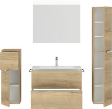 Badmöbel-Set NOBILIA Programm 1 BxHxT 160 x 169,1 x 48,7 cm Frontfarbe eiche natur mit Möbel-Waschtisch weiß und Spiegel mit LED-Beleuchtung Midischrank Unterschrank Griffleiste chrom matt 070
