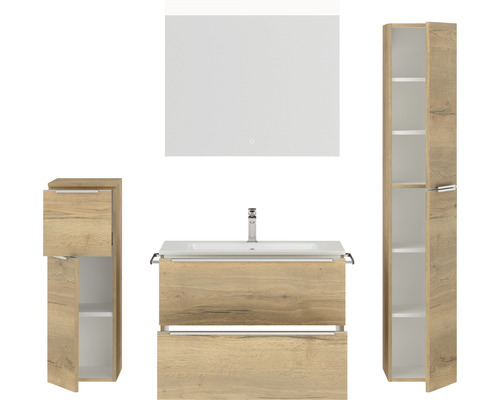 Badezimmer-Set mit Waschtisch, Spiegelschrank und Hochschränken