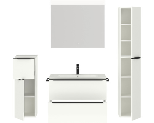 Badezimmerset mit Waschtischunterschrank, Spiegelschrank und Hochschrank