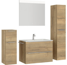 Badmöbel-Set NOBILIA Programm 1 BxHxT 160 x 169,1 x 48,7 cm Frontfarbe eiche natur mit Möbel-Waschtisch weiß und Spiegel mit LED-Beleuchtung Midischrank Unterschrank Griffleiste chrom matt 070