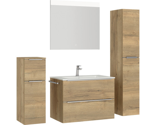 Badezimmermöbelset mit Waschtischunterschrank, Waschbecken, Spiegelschrank und Hochschränken