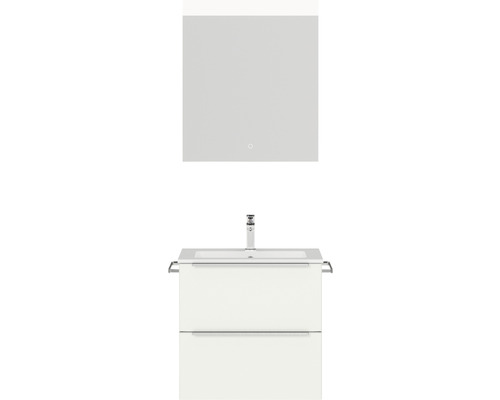 Badmöbel-Set NOBILIA Programm 1 BxHxT 61 x 169,1 x 48,7 cm Frontfarbe weiß matt mit Möbel-Waschtisch weiß und Spiegel mit LED-Beleuchtung Griffleiste chrom matt 009