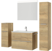 Badmöbel-Set NOBILIA Programm 1 BxHxT 160 x 169,1 x 48,7 cm Frontfarbe eiche natur mit Möbel-Waschtisch weiß und Spiegel mit LED-Beleuchtung Midischrank Unterschrank Griffleiste chrom matt 070