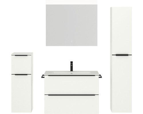 Badmöbel-Set NOBILIA Programm 1 BxHxT 160 x 169,1 x 48,7 cm Frontfarbe weiß matt mit Möbel-Waschtisch weiß und Spiegel mit LED-Beleuchtung Midischrank Unterschrank Griffleiste schwarz 065