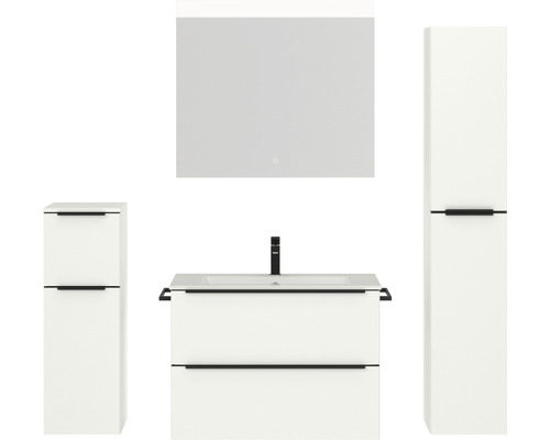 Badmöbel-Set NOBILIA Programm 1 BxHxT 160 x 169,1 x 48,7 cm Frontfarbe weiß matt mit Möbel-Waschtisch weiß und Spiegel mit LED-Beleuchtung Midischrank Unterschrank Griffleiste schwarz 065 Weißer Badezimmerschrank mit Waschtisch, Spiegelschrank und Hochschrank