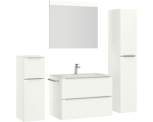 Badezimmer-Set mit Waschtisch, Waschbeckenunterschrank, Spiegelschrank und Hochschränken