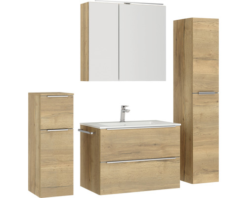 Badezimmerset mit Waschtisch, Waschbecken, Spiegelschrank und Hochschränken