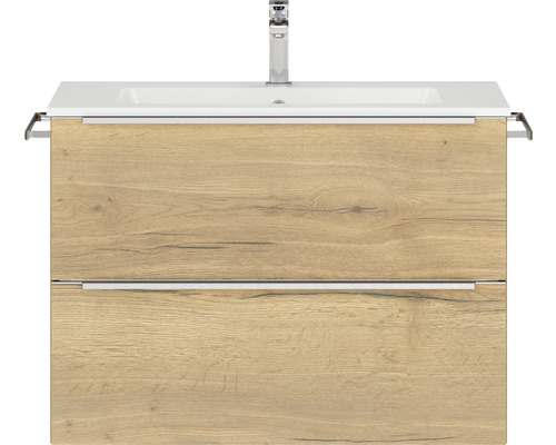 Badmöbel-Set NOBILIA Programm 1 BxHxT 81 x 169,1 x 48,7 cm Frontfarbe eiche natur mit Möbel-Waschtisch weiß und Spiegel mit LED-Beleuchtung Griffleiste chrom matt 054 Waschbeckenunterschrank mit zwei Schubladen und Armatur