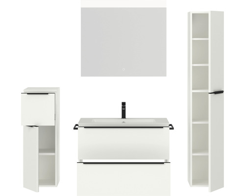 Badezimmerset mit Waschtisch, Spiegel, Waschbecken und Schränken
