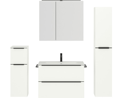 Badmöbel-Set NOBILIA Programm 1 BxHxT 160 x 169,1 x 48,7 cm Frontfarbe weiß matt mit Möbel-Waschtisch und Spiegelschrank 2-türig mit LED-Beleuchtung Unterschrank Midischrank Griffleiste schwarz 073 Badezimmer-Set mit Waschtischunterschrank, Spiegelschrank und Hochschränken