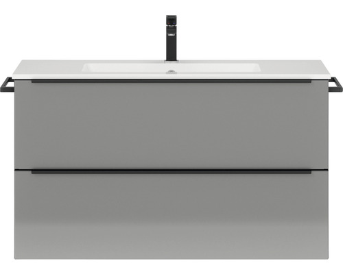 Badmöbel-Set NOBILIA Programm 1 85 BxHxT 101 x 59,1 x 48,7 cm Frontfarbe grau hochglanz mit Möbel-Waschtisch Griffleiste schwarz 085