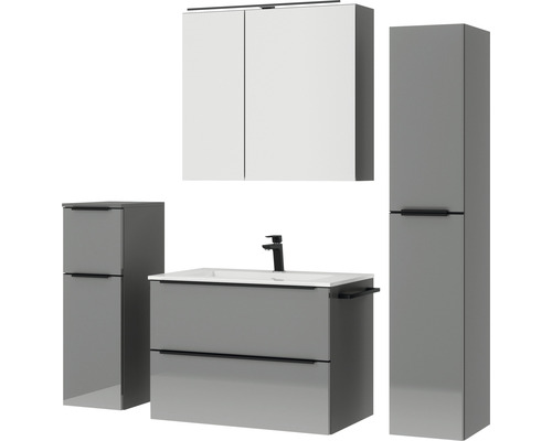 Graues Badezimmerset mit Waschbeckenunterschrank, Hochschrank und Spiegelschrank