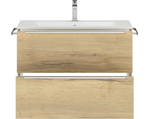 Waschtischunterschrank mit zwei Schubladen in Holzoptik und Aufsatzwaschbecken