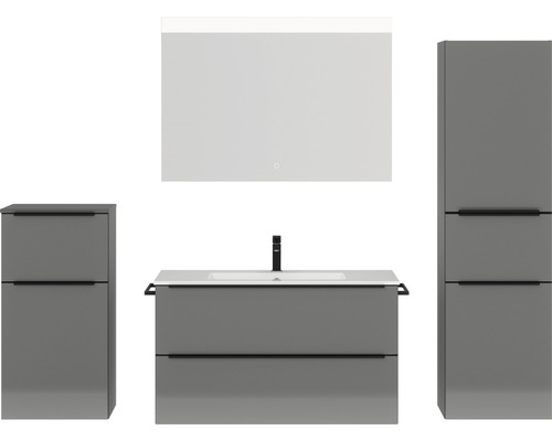 Badmöbel-Set NOBILIA Programm 1 BxHxT 210 x 169,1 x 48,7 cm Frontfarbe grau hochglanz mit Möbel-Waschtisch weiß und Spiegel mit LED-Beleuchtung Midischrank Unterschrank Griffleiste schwarz 109
