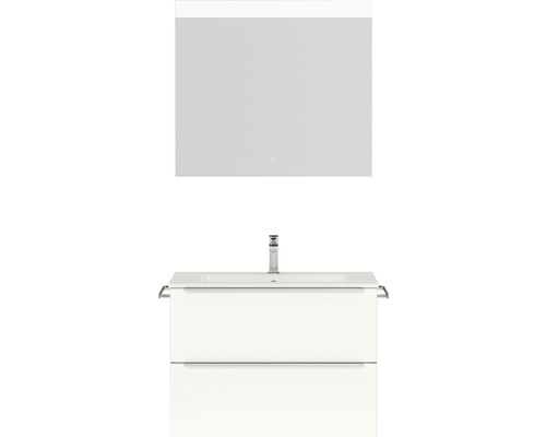 Badmöbel-Set NOBILIA Programm 1 BxHxT 81 x 169,1 x 48,7 cm Frontfarbe weiß hochglanz mit Möbel-Waschtisch weiß und Spiegel mit LED-Beleuchtung Griffleiste chrom matt 050