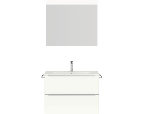 Badmöbel-Set NOBILIA Programm 1 BxHxT 81 x 169,1 x 48,7 cm Frontfarbe weiß hochglanz mit Möbel-Waschtisch weiß und Spiegel mit LED-Beleuchtung Griffleiste chrom matt 050 Badezimmerset mit Waschbeckenunterschrank, Waschbecken und Spiegel