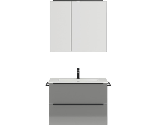 Badmöbel-Set NOBILIA Programm 1 BxHxT 81 x 169,1 x 48,7 cm Frontfarbe grau hochglanz mit Möbel-Waschtisch und Spiegelschrank 2-türig mit LED-Beleuchtung Griffleiste schwarz 061 Waschtisch mit Unterschrank und Spiegelschrank für das Badezimmer