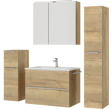 Badmöbel-Set NOBILIA Programm 1 BxHxT 160 x 169,1 x 48,7 cm Frontfarbe eiche natur mit Möbel-Waschtisch und Spiegelschrank 2-türig mit LED-Beleuchtung Unterschrank Midischrank Griffleiste chrom matt 078