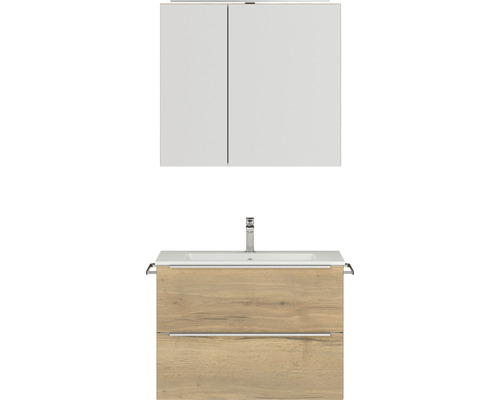 Badmöbel-Set NOBILIA Programm 1 BxHxT 81 x 169,1 x 48,7 cm Frontfarbe eiche natur mit Möbel-Waschtisch und Spiegelschrank 2-türig mit LED-Beleuchtung Griffleiste chrom matt 062 Waschtisch mit Unterschrank und Spiegelschrank für das Badezimmer
