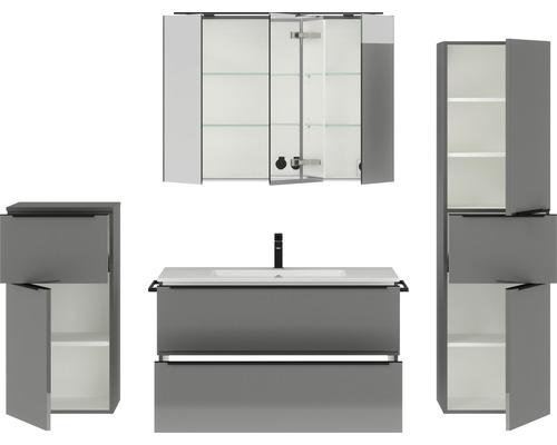 Badezimmermöbelset mit Waschbeckenunterschrank, Spiegelschrank und Hochschränken