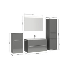 Badezimmermöbelset mit Waschtischunterschrank, Waschbecken, Spiegelschrank und Hochschränken mit Maßangaben