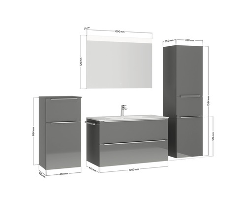 Badezimmermöbelset mit Waschtischunterschrank, Waschbecken, Spiegelschrank und Hochschränken mit Maßangaben