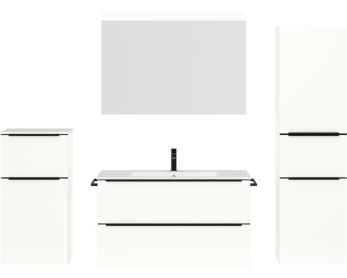 Badmöbel-Set NOBILIA Programm 1 BxHxT 210 x 169,1 x 48,7 cm Frontfarbe weiß hochglanz mit Möbel-Waschtisch weiß und Spiegel mit LED-Beleuchtung Midischrank Unterschrank Griffleiste schwarz 107