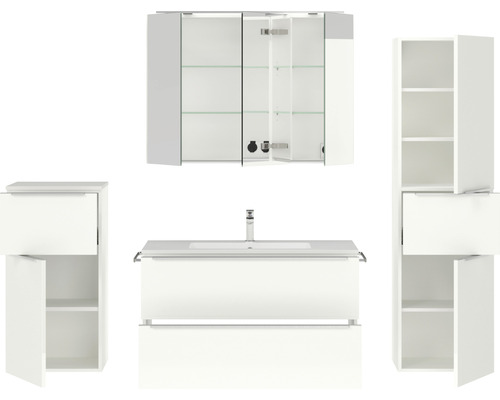 Weißes Badezimmermöbelset mit Spiegelschrank, Waschbeckenunterschrank und Hochschränken